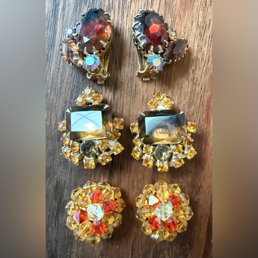 Lot of 3 Vintage Gold and Amber Tone Topaz Clip On Beaded Earrings
